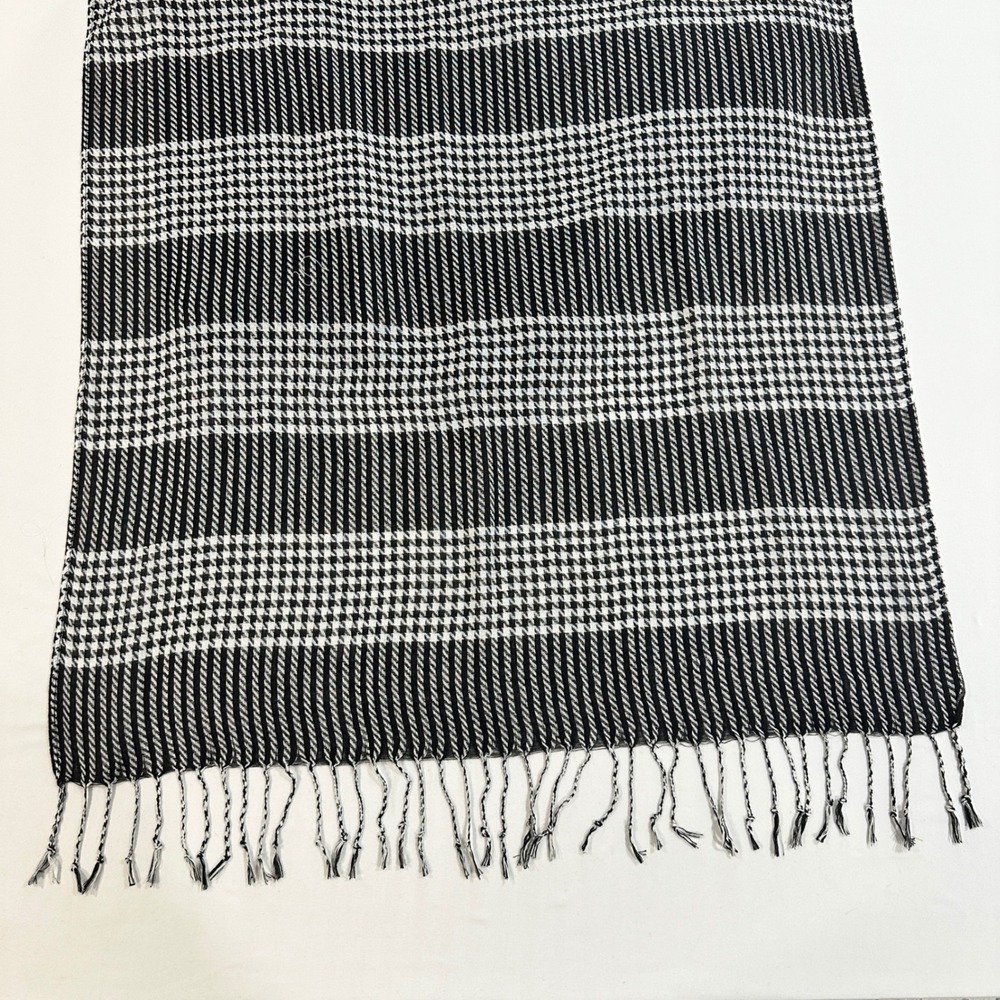 Pashmina Silk Scarf Black White Houndstooth Striped Fringe Wrap Shawl Oversized